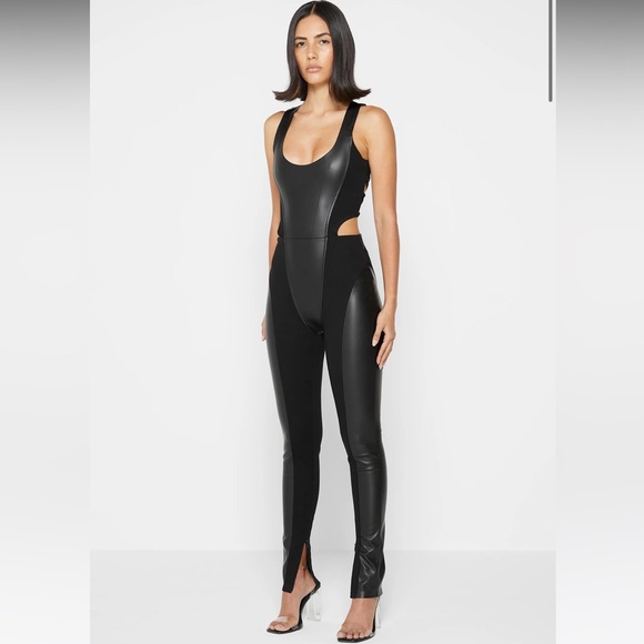 Vegan Leather Corset Lace Up Jumpsuit - Picture 3 of 9